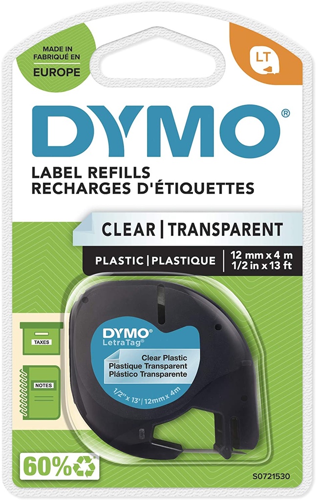 Cinta Dymo Letratag transparentearente 12mmx4m