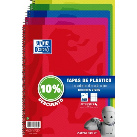 Cuaderno espiral Fº 90grs. 80h. 4x4 c/m  pack de 5 colores vivos tapa PP Oxford