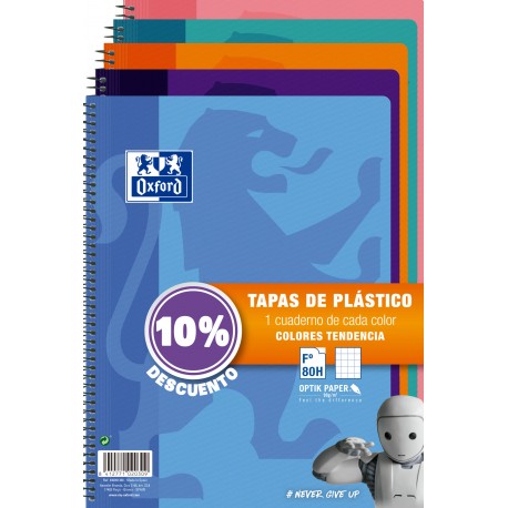 Cuaderno espiral Fº 90grs. 80h. 4x4 c/m  pack de 5 colores pastel tapa PP Oxford