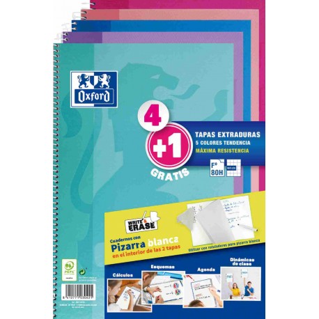 Cuaderno espiral Fº 90grs. 80h. 4x4 pack de 5 colores pastel + pizzara blanca Oxford