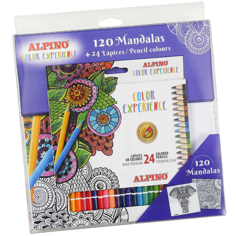120 mandalas para colorear + Caja de 24 lápices de colores Alpino Color Experience