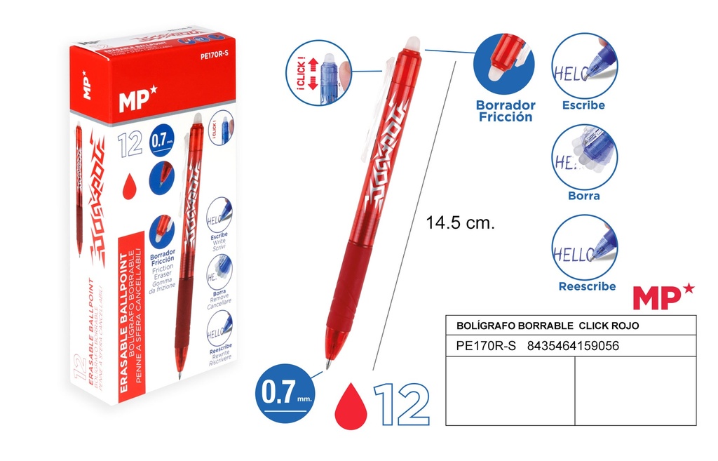 Bolígrafo borrable click rojo