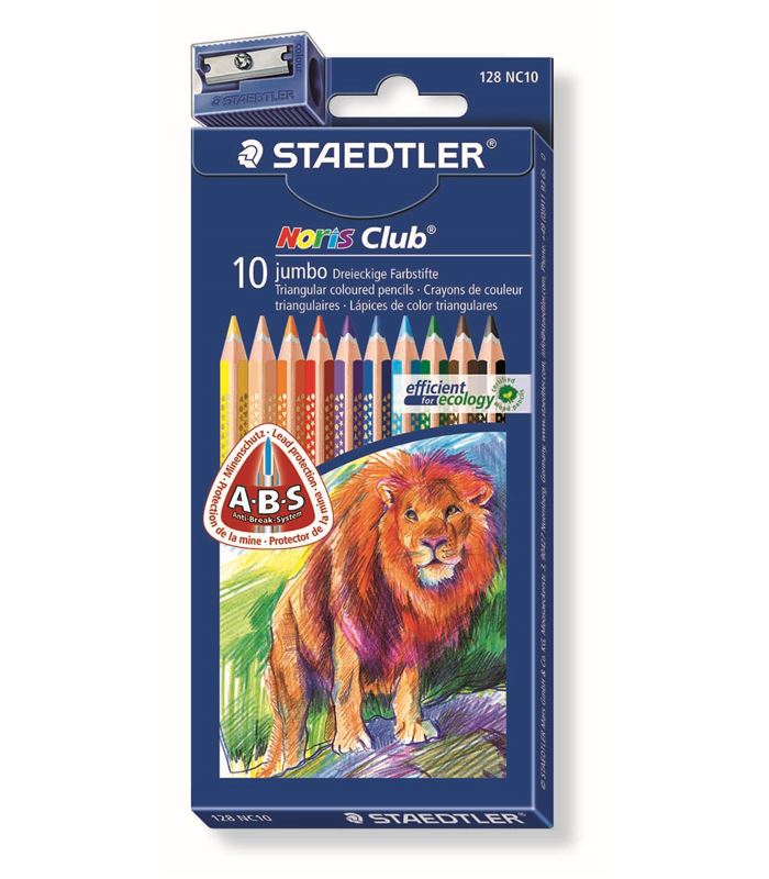 10 lápices de colores triangulares mina reforzada Noris Club Jumbo + sacapuntas Staedtler