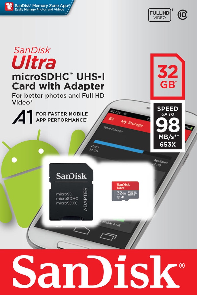 Ultra microsdhc 32gb sandisk + adaptador tarjeta sd