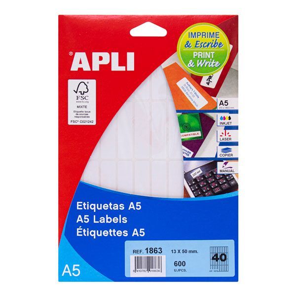 Etiquetas adhesivas blancas A5 13 x 50 mm. Apli