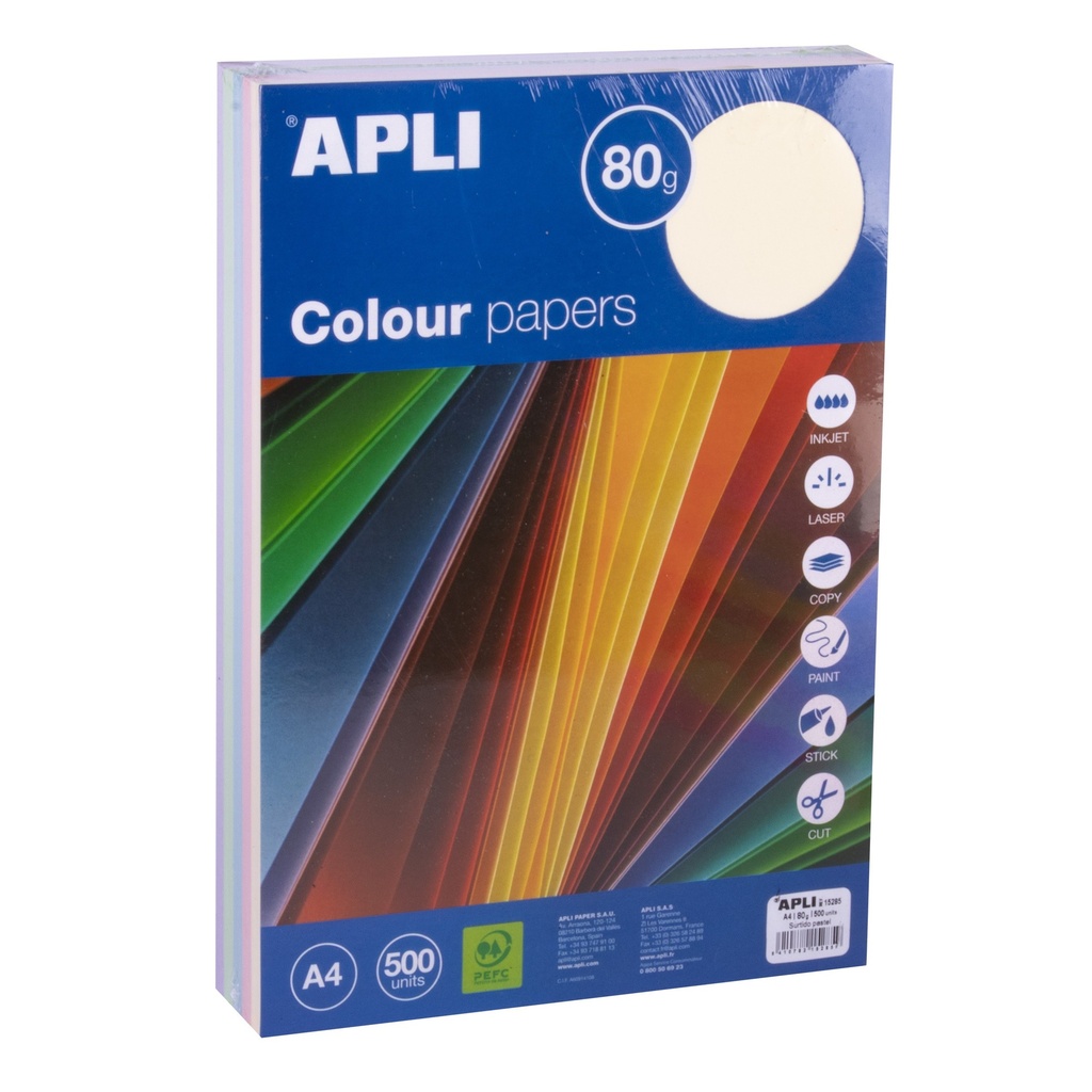 Papel color surt. Pastel A4 80g. 500h. Apli