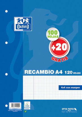 Recambio oxford classic A4 90g 4x4 100+20h