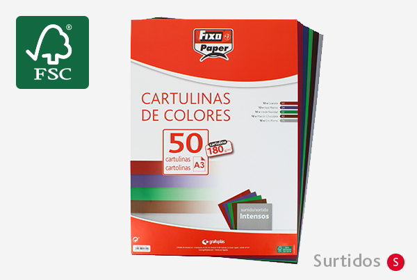 Paquete. 50 cartulinas A4 180g. Surt. Intenso fixopape