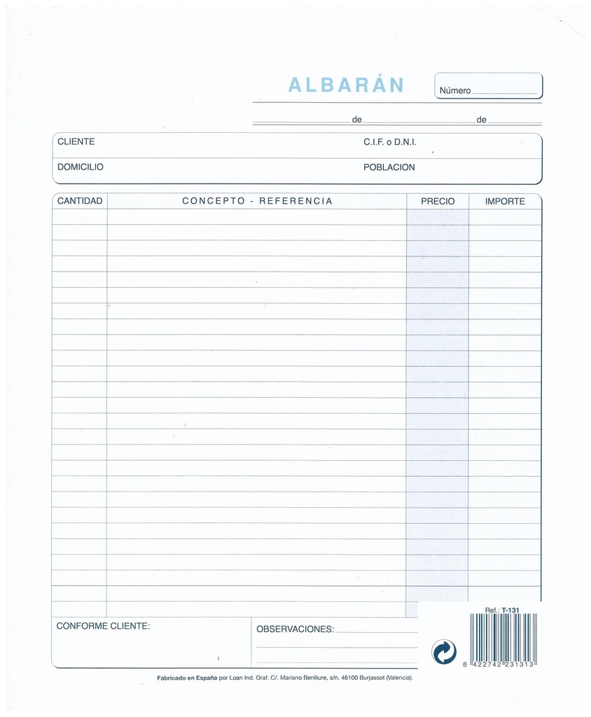 Talonario albaranes holandesa natural triplicado Loan