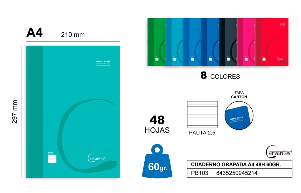 Cuaderno grapada A4 48h 60gr. Pauta 2.5