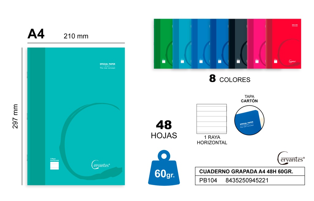 Cuaderno grapada A4 48h 60gr. Horizontal