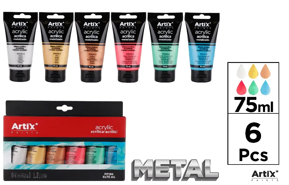 PINTURA ACRÍLICA 6 TUBOS 75 ml METALIZADA