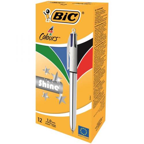 [919380] Bolígrafo 4 colores clásico shine Bic caja 12 und.
