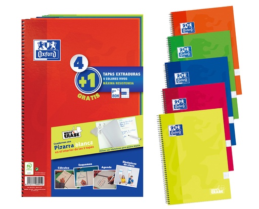 [400122761] Cuaderno espiral Fº 90grs. 80h. 4x4 pack de 5 colores + pizzara blanca Oxford